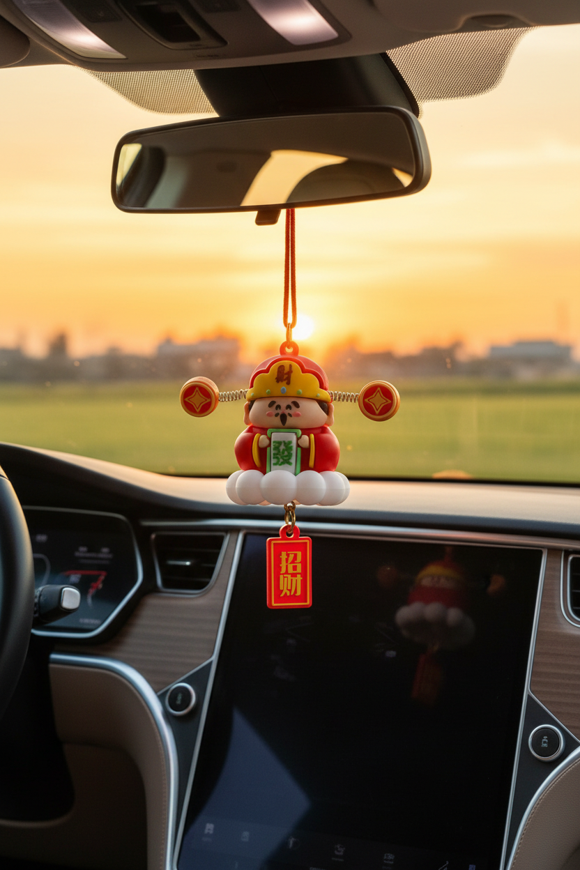 Chinese God of Wealth car charm hanging inside a car