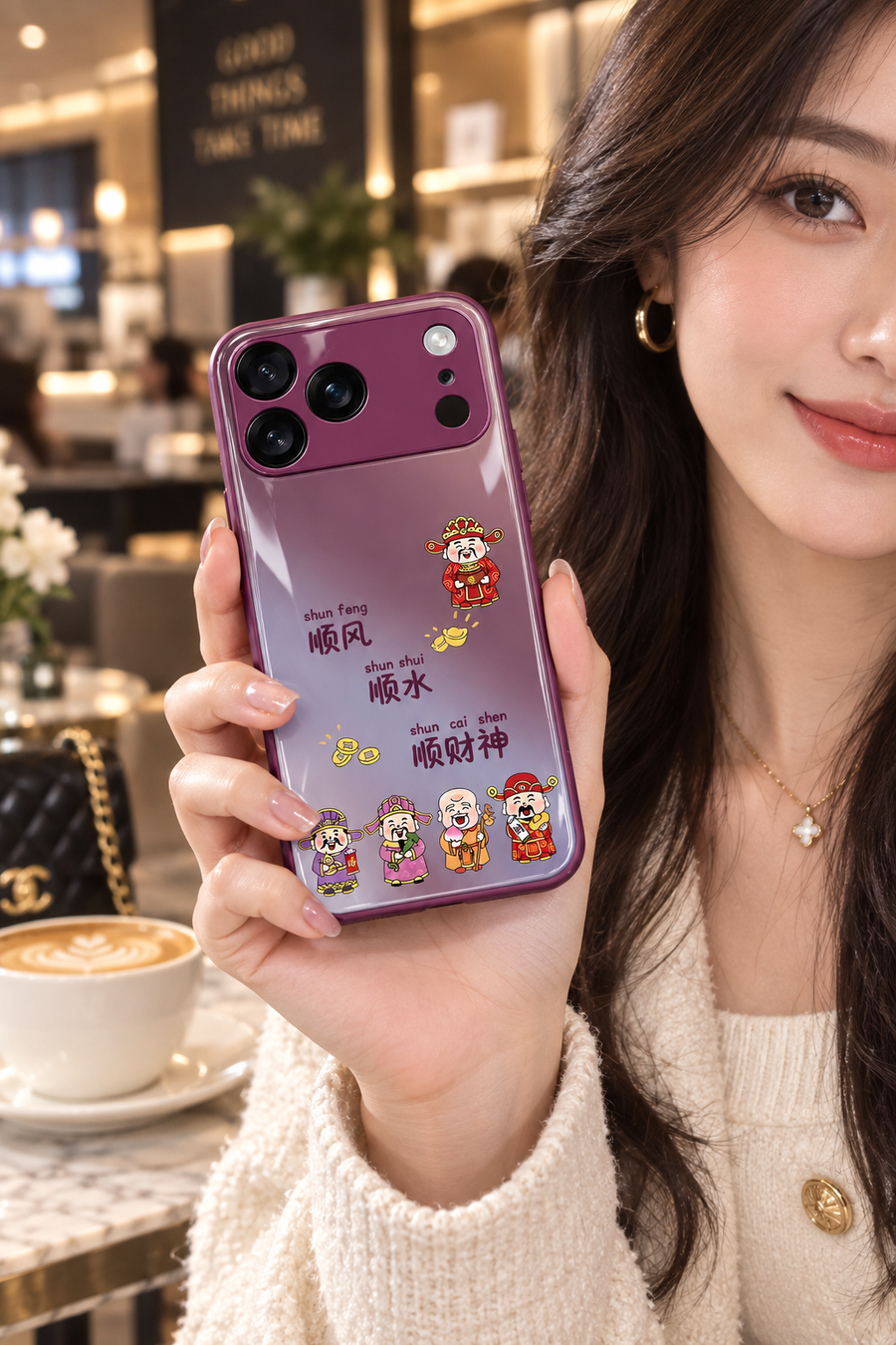 Plum Gradient God of Wealth iPhone 18 Pro case in a lifestyle scene