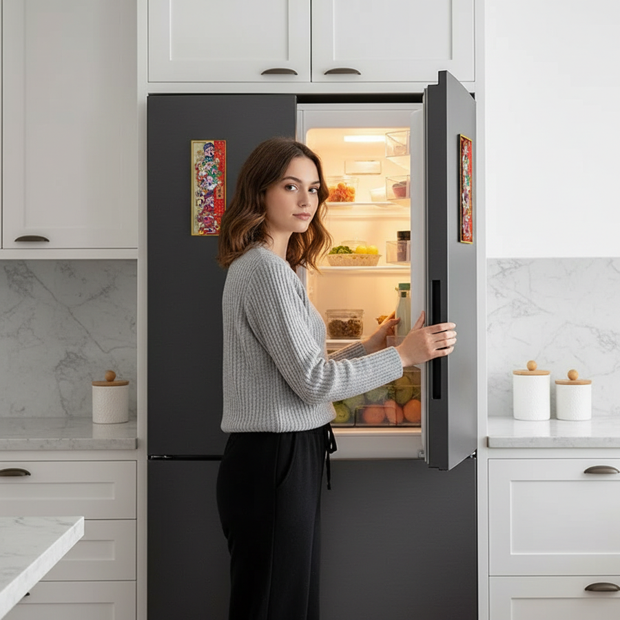 Person using Five Blessings fridge magnets on a dark refrigerator