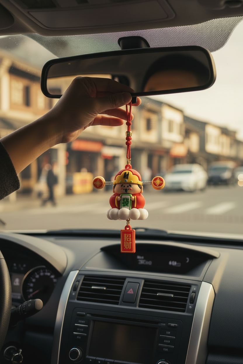 Chinese God of Wealth car charm with coin pendant detail