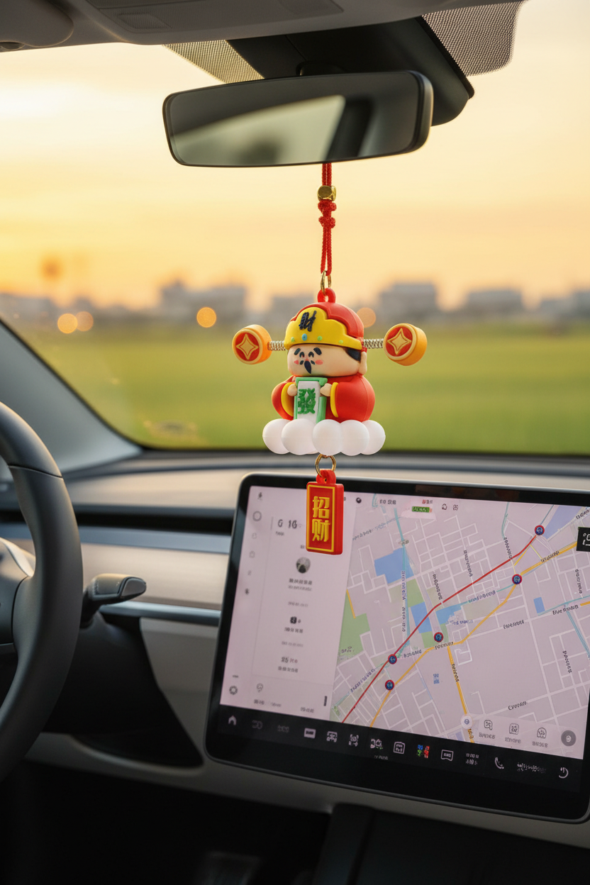 Chinese God of Wealth car charm displayed in a modern vehicle
