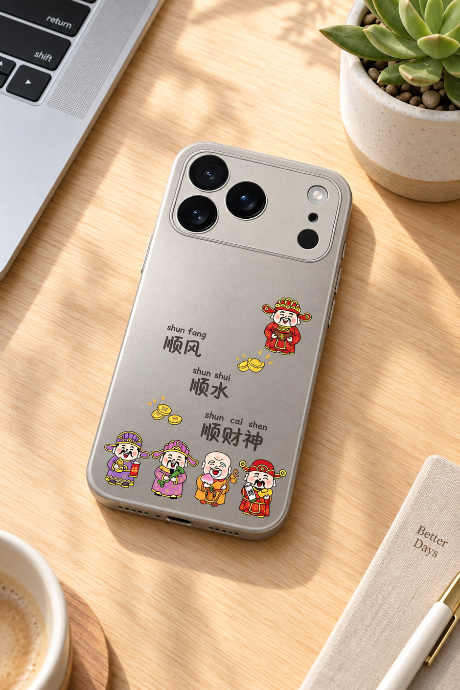 Natural Titanium God of Wealth iPhone 18 Pro case in a lifestyle scene