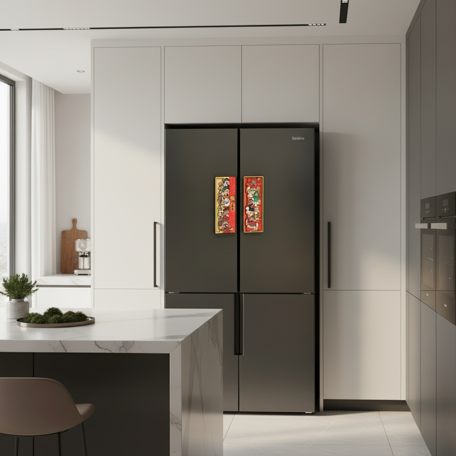 Five Blessings God of Wealth fridge magnets in a warm modern kitchen