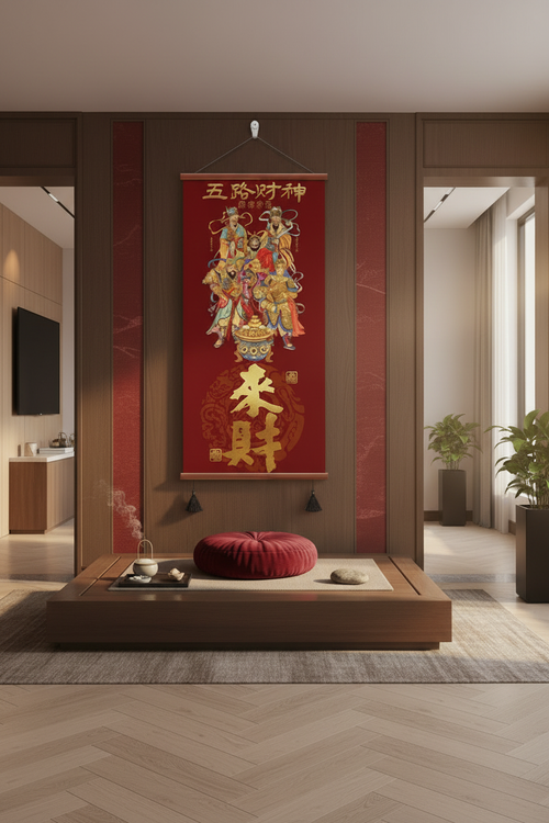 Fortune-inspired decor centerpiece in a minimalist luxury meditation study
