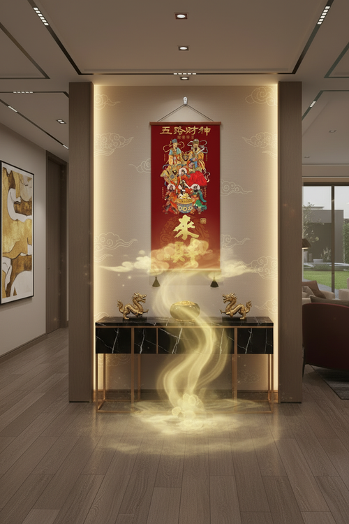 Eastern God of Wealth prosperity art piece in a modern luxury living room