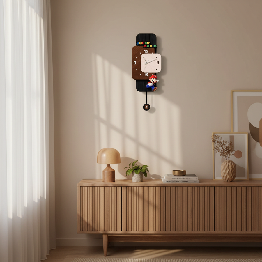 Modern geometric pendulum wall clock in a contemporary living room