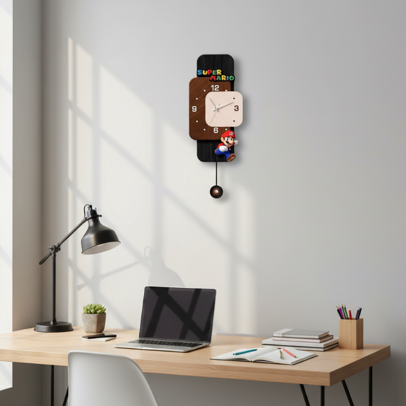 Modern geometric pendulum wall clock in a contemporary study