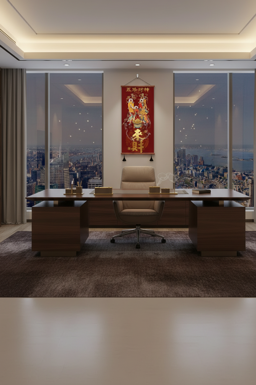 Chinese God of Wealth Caishen prosperity art piece in an executive luxury office